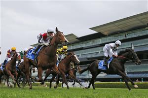 SYDNEY, AUSTRALIA - SEPTEMBER 04: Brock Ryan on Jamaea (white with tartan armbands) wins race 6 the Darley Furious Stakes during Sydney Racing at Royal Randwick Racecourse on September 04, 2021 in Sydney, Australia. (Photo by Mark Evans/Getty Images)