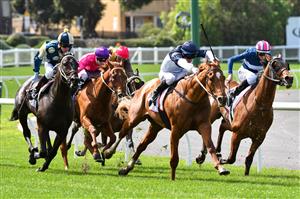 MELBOURNE, AUSTRALIA - SEPTEMBER 04: Daniel Moor riding Forgot You (L)winning Race 1, Pfd Food Services Handicap, during Melbourne Racing at Moonee Valley Racecourse on September 04, 2021 in Melbourne, Australia. (Photo by Vince Caligiuri/Getty Images)