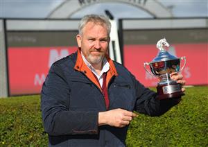 MELBOURNE, AUSTRALIA - SEPTEMBER 04: Trainer Cliff Brown poses with trophy after The Inferno won race 5, the Mitty's McEwen Stakes during Melbourne Racing at Moonee Valley Racecourse on September 04, 2021. (Getty)