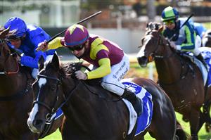 MELBOURNE, AUSTRALIA - SEPTEMBER 04: Rhys McLeod riding Mynumerouno winning Race 3, the Inglis 2022 Yearling Sales Series Plate, during Melbourne Racing at Moonee Valley Racecourse on September 04, 2021 in Melbourne, Australia. (Photo by Vince Caligiuri/Getty Images)