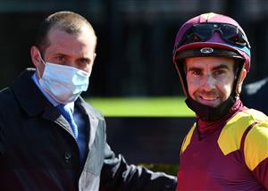 MELBOURNE, AUSTRALIA - SEPTEMBER 04: Rhys McLeod poses with trainer Nick Ryan after riding Mynumerouno in Race 3, the Inglis 2022 Yearling Sales Series Plate, during Melbourne Racing at Moonee Valley Racecourse on September 04, 2021 in Melbourne, Australia. (Photo by Vince Caligiuri/Getty Images)