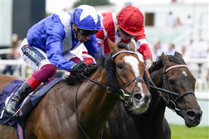 DONCASTER, ENGLAND - SEPTEMBER 09: Frankie Dettori riding Harrovian (blue) win The Hilton Garden Inn Doncaster Conditions Stakes from Ryan Moore and Sinjaari (red) at Doncaster Racecourse on September 09, 2021 in Doncaster, England. (Photo by Alan Crowhurst/Getty Images)