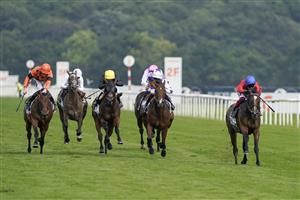 DONCASTER, ENGLAND - SEPTEMBER 09: Frankie Dettori riding Inspiral (red) win The Cazoo May Hill Stakes at Doncaster Racecourse on September 09, 2021 in Doncaster, England. (Photo by Alan Crowhurst/Getty Images)
