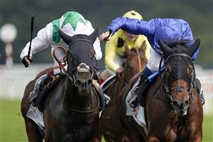 DONCASTER, ENGLAND - SEPTEMBER 10: William Buick riding Noble Truth (blue) win The Cazoo Flying Scotsman Stakes from Oisin Murphy and Hoo Ya Mal (white) at Doncaster Racecourse on September 10, 2021 in Doncaster, England. (Photo by Alan Crowhurst/Getty Images)