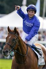 DONCASTER, ENGLAND - SEPTEMBER 11: William Buick celebrates after riding Hurricane Lane to win The Cazoo St Leger Stakes at Doncaster Racecourse on September 11, 2021 in Doncaster, England. (Photo by Alan Crowhurst/Getty Images)
