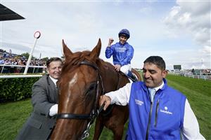 DONCASTER, ENGLAND - SEPTEMBER 11: William Buick celebrates after riding Hurricane Lane to win The Cazoo St Leger Stakes at Doncaster Racecourse on September 11, 2021 in Doncaster, England. (Photo by Alan Crowhurst/Getty Images)