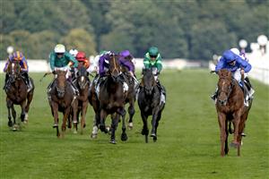 DONCASTER, ENGLAND - SEPTEMBER 11: William Buick riding Hurricane Lane (R, blue) win The Cazoo St Leger Stakes at Doncaster Racecourse on September 11, 2021 in Doncaster, England. (Photo by Alan Crowhurst/Getty Images)