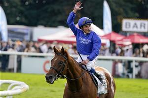 DONCASTER, ENGLAND - SEPTEMBER 11: William Buick celebrates after riding Hurricane Lane to win The Cazoo St Leger Stakes at Doncaster Racecourse on September 11, 2021 in Doncaster, England. (Photo by Alan Crowhurst/Getty Images)