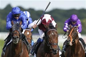 DONCASTER, ENGLAND - SEPTEMBER 11: William Buick riding Glorious Journey (maroon) win The Cazoo Park Stakes at Doncaster Racecourse on September 11, 2021 in Doncaster, England. (Photo by Alan Crowhurst/Getty Images)