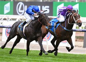 MELBOURNE, AUSTRALIA - SEPTEMBER 11: Brett Prebble riding Ranch Hand defeat Damien Oliver riding Ingratiating in Race 3, the Winning Edge Poseidon Stakes, during Melbourne Racing at Flemington Racecourse on September 11, 2021 in Melbourne, Australia. (Photo by Vince Caligiuri/Getty Images)
