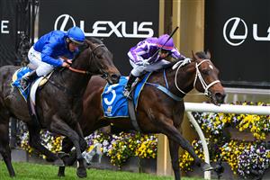 MELBOURNE, AUSTRALIA - SEPTEMBER 11: Brett Prebble riding Ranch Hand defeat Damien Oliver riding Ingratiating in Race 3, the Winning Edge Poseidon Stakes, during Melbourne Racing at Flemington Racecourse on September 11, 2021 in Melbourne, Australia. (Photo by Vince Caligiuri/Getty Images)