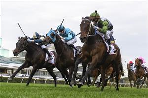 MELBOURNE, AUSTRALIA - SEPTEMBER 11: Brett Prebble riding Incentivise defeats Jye McNeil riding Mo'unga in the Makybe Diva Stakes, during Melbourne Racing at Flemington Racecourse on September 11, 2021 in Melbourne, Australia. (Getty)