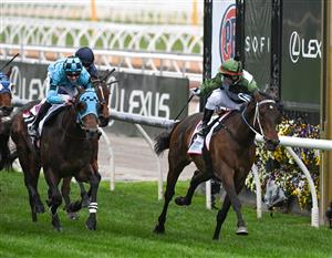 MELBOURNE, AUSTRALIA - SEPTEMBER 11: Brett Prebble riding Incentivise defeats Jye McNeil riding Mo'unga in the Makybe Diva Stakes, during Melbourne Racing at Flemington Racecourse on September 11, 2021 in Melbourne, Australia. (Getty)