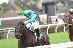MELBOURNE, AUSTRALIA - SEPTEMBER 11: Damian Lane riding Tooradin winning Race 1, the Tab Long May We Play Plate, during Melbourne Racing at Flemington Racecourse on September 11, 2021 in Melbourne, Australia. (Photo by Vince Caligiuri/Getty Images)