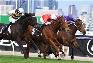 MELBOURNE, AUSTRALIA - SEPTEMBER 11: Damian Lane riding Harbour Views defeats Jye McNeil riding Cherry Tortoni and John Allen riding Ayrton (r) race 5, the The Sofitel, during Melbourne Racing at Flemington Racecourse on September 11, 2021 in Melbourne, Australia. (Photo by Vince Caligiuri/Getty Images)