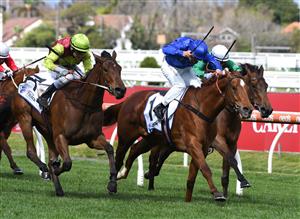 MELBOURNE, AUSTRALIA - SEPTEMBER 18: Jason Maskiell riding Bon's A Pearla wins Race 3, the Off The Track Community TG Prelude during Melbourne Racing at Caulfield Racecourse on September 18, 2021 in Melbourne, Australia. (Getty Images)