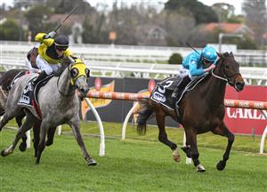 MELBOURNE, AUSTRALIA - SEPTEMBER 18: John Allen riding Annavisto winning race 6, the 4cyte For Living Legends Handicap, during Melbourne Racing at Caulfield Racecourse on September 18, 2021 in Melbourne, Australia. (Photo by Vince Caligiuri/Getty Images)