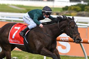 MELBOURNE, AUSTRALIA - SEPTEMBER 18: Linda Meech riding He's A Balter wins Race 2, the Henley Homes for RPC Hcp during Melbourne Racing at Caulfield Racecourse on September 18, 2021 in Melbourne, Australia. (Getty Images)