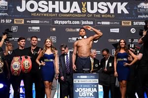 LONDON, ENGLAND - SEPTEMBER 24: Anthony Joshua weighs in ahead of the Heavyweight Fight between Anthony Joshua v Oleksandr Usyk at Cineworld 02 Arena on September 24, 2021 in London, England. (Getty Images)