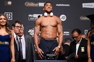 LONDON, ENGLAND - SEPTEMBER 24: Anthony Joshua weighs in ahead of the Heavyweight Fight between Anthony Joshua v Oleksandr Usyk at Cineworld 02 Arena on September 24, 2021 in London, England. (Getty Images)