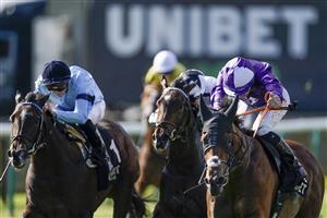 NEWMARKET, ENGLAND - SEPTEMBER 24: Rossa Ryan riding Hello You (R) win The Unibet Rockfel Stakes at Newmarket Racecourse on September 24, 2021 in Newmarket, England. (Photo by Alan Crowhurst/Getty Images)