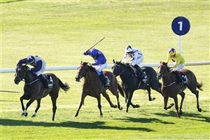 NEWMARKET, ENGLAND - SEPTEMBER 24: Shane Foley riding Forbearance win The Unibet Princess Royal Stakes at Newmarket Racecourse on September 24, 2021 in Newmarket, England. (Photo by Alan Crowhurst/Getty Images)