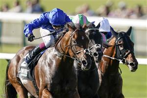 NEWMARKET, ENGLAND - SEPTEMBER 24: Oisin Murphy riding Benbatl (L, blue) win The Unibet 'You're On' Joel Stakes at Newmarket Racecourse on September 24, 2021 in Newmarket, England. (Photo by Alan Crowhurst/Getty Images)
