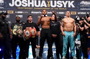 LONDON, ENGLAND - SEPTEMBER 24: Anthony Joshua and Oleksandr Usyk pose following their weigh in ahead of the Heavyweight Fight between Anthony Joshua v Oleksandr Usyk at Cineworld 02 Arena on September 24, 2021 in London, England. (Getty Images)