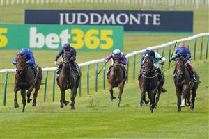 NEWMARKET, ENGLAND - SEPTEMBER 25: Jason Hart riding Royal Patronage (R, light blue) win The Juddmonte Royal Lodge Stakes at Newmarket Racecourse on September 25, 2021 in Newmarket, England. (Photo by Alan Crowhurst/Getty Images)