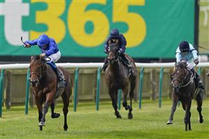 NEWMARKET, ENGLAND - SEPTEMBER 25: Jason Hart riding Royal Patronage (R, light blue) win The Juddmonte Royal Lodge Stakes at Newmarket Racecourse on September 25, 2021 in Newmarket, England. (Photo by Alan Crowhurst/Getty Images)