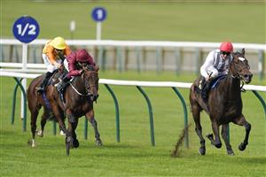 NEWMARKET, ENGLAND - SEPTEMBER 25: Andrea Atzeni riding Miss Carol Ann win The Blandford Bloodstock Maiden Fillies' Stakes at Newmarket Racecourse on September 25, 2021 in Newmarket, England. (Photo by Alan Crowhurst/Getty Images)