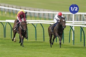 NEWMARKET, ENGLAND - SEPTEMBER 25: Andrea Atzeni riding Miss Carol Ann win The Blandford Bloodstock Maiden Fillies' Stakes at Newmarket Racecourse on September 25, 2021 in Newmarket, England. (Photo by Alan Crowhurst/Getty Images)