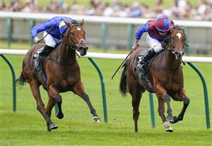 NEWMARKET, ENGLAND - SEPTEMBER 25: Ryan Moore riding Tenebrism (R) win The Juddmonte Cheveley Park Stakes at Newmarket Racecourse on September 25, 2021 in Newmarket, England. (Photo by Alan Crowhurst/Getty Images)