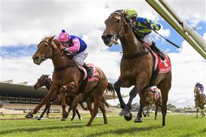 MELBOURNE, AUSTRALIA - SEPTEMBER 25: Josh Richards riding Esta La Roca (r) winning Race 1, the Tobin Brothers Celebrating Lives, during Melbourne Racing at Sandown Racecourse on September 25, 2021 in Melbourne, Australia. (Photo by Vince Caligiuri/Getty Images)