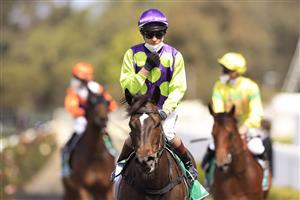 SYDNEY, AUSTRALIA - SEPTEMBER 25: Kerrin McEvoy on Barossa Rosa returns to scale after winning race 3 the Midway Handicap during Sydney Racing on Golden Rose Day at Rosehill Gardens on September 25, 2021 in Sydney, Australia. (Photo by Mark Evans/Getty Images)