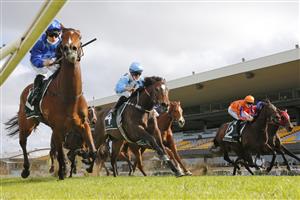 SYDNEY, AUSTRALIA - SEPTEMBER 25: Tim Clark on Vangelic (royal blue) wins race 7 the Keenland Golden Pendant during Sydney Racing on Golden Rose Day at Rosehill Gardens on September 25, 2021 in Sydney, Australia. (Photo by Mark Evans/Getty Images)