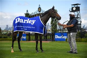 MELBOURNE, AUSTRALIA - OCTOBER 02: Get In The Spirit after winning Race 1, the Darley Maribyrnong Trial Stakes during Melbourne Racing at Flemington Racecourse on October 02, 2021 in Melbourne, Australia. (Photo by Vince Caligiuri/Getty Images)