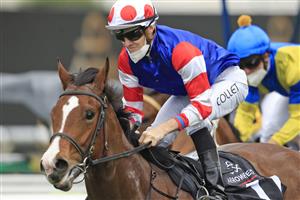 SYDNEY, AUSTRALIA - OCTOBER 02: Jason Collett on Sejardan wins race 3 the Arrowfield Breeders’ Plate during Sydney Racing on Epsom Day at Royal Randwick Racecourse on October 02, 2021 in Sydney, Australia. (Photo by Mark Evans/Getty Images)