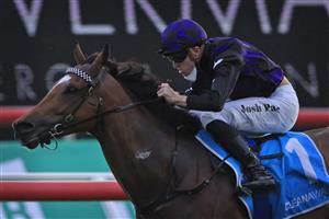 SYDNEY, AUSTRALIA - OCTOBER 02: Josh Parr on Big Parade wins race 10 the Cleanaway Handicap during Sydney Racing on Epsom Day at Royal Randwick Racecourse on October 02, 2021 in Sydney, Australia. (Photo by Mark Evans/Getty Images)