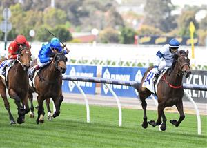MELBOURNE, AUSTRALIA - OCTOBER 02: Brett Prebble riding El Patroness winning Race 2, the Kirkland Gold Super Impose Stakes, during Melbourne Racing at Flemington Racecourse on October 02, 2021 in Melbourne, Australia. (Photo by Vince Caligiuri/Getty Images)