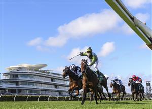 MELBOURNE, AUSTRALIA - OCTOBER 02: Brett Prebble riding Incentivise winning Race 7, the Tab Turnbull Stakes, during Melbourne Racing at Flemington Racecourse on October 02, 2021 in Melbourne, Australia. (Photo by Vince Caligiuri/Getty Images)