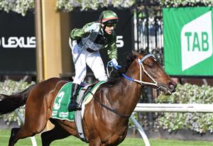 MELBOURNE, AUSTRALIA - OCTOBER 02: Brett Prebble riding Incentivise winning Race 7, the Tab Turnbull Stakes, during Melbourne Racing at Flemington Racecourse on October 02, 2021 in Melbourne, Australia. (Photo by Vince Caligiuri/Getty Images)