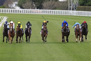 SYDNEY, AUSTRALIA - OCTOBER 02: Tommy Berry on Masked Crusader (yellow cap), wins race 6 the ACY Securities Premiere Stakes during Sydney Racing on Epsom Day at Royal Randwick Racecourse on October 02, 2021 in Sydney, Australia. (Photo by Mark Evans/Getty Images)