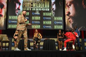 British boxer Tyson Fury (L) and challenger US boxer Deontay Wilder attend a press conference for their WBC heavyweight championship fight, October 6, 2021 at the MGM Grand Garden Arena in Las Vegas, Nevada ahead of their October 9, 2021 fight. (Getty Images)
