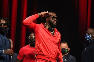 US boxer Deontay Wilder attends a press conference with British boxer Tyson Fury (out of frame) for their WBC heavyweight championship fight, October 6, 2021 at the MGM Grand Garden Arena in Las Vegas, Nevada ahead of their October 9, 2021 fight. (Getty Images)