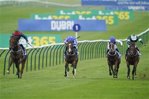 NEWMARKET, ENGLAND - OCTOBER 08: Leigh Roche riding Twilight Jet (L) win The Newmarket Academy Godolphin Beacon Project Cornwallis Stakes at Newmarket Racecourse on October 08, 2021 in Newmarket, England. (Photo by Alan Crowhurst/Getty Images)