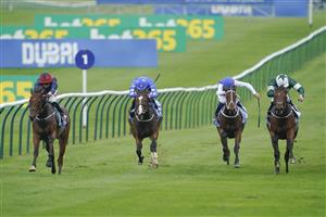 NEWMARKET, ENGLAND - OCTOBER 08: Leigh Roche riding Twilight Jet (L) win The Newmarket Academy Godolphin Beacon Project Cornwallis Stakes at Newmarket Racecourse on October 08, 2021 in Newmarket, England. (Photo by Alan Crowhurst/Getty Images)