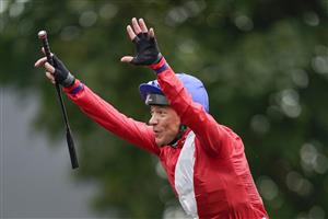 NEWMARKET, ENGLAND - OCTOBER 08: Frankie Dettori celebrates after riding Inspiral to win The bet365 Fillies' Mile at Newmarket Racecourse on October 08, 2021 in Newmarket, England. (Photo by Alan Crowhurst/Getty Images)