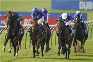 NEWMARKET, ENGLAND - OCTOBER 09: James Doyle riding Goldspur (R, white cap) win The Godolphin Flying Start Zetland Stakes at Newmarket Racecourse on October 09, 2021 in Newmarket, England. (Photo by Alan Crowhurst/Getty Images)