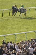 NEWMARKET, ENGLAND - OCTOBER 09: Oisin Murphy riding Buzz (green) win The Together For Racing International Cesarewitch Handicap at Newmarket Racecourse on October 09, 2021 in Newmarket, England. (Photo by Alan Crowhurst/Getty Images)